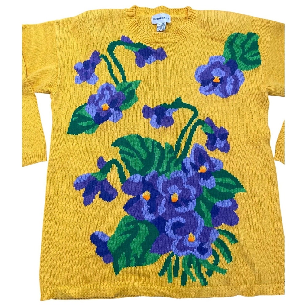Vintage Yellow Floral Intarsia Sweater Purple Flowers Suburbans Medium - Picture 2 of 6
